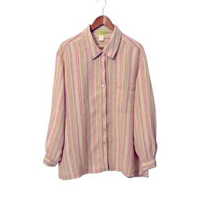 SIGRID OLSEN 3X 100% Linen Woven Striped Button Up Long Sleeve Top